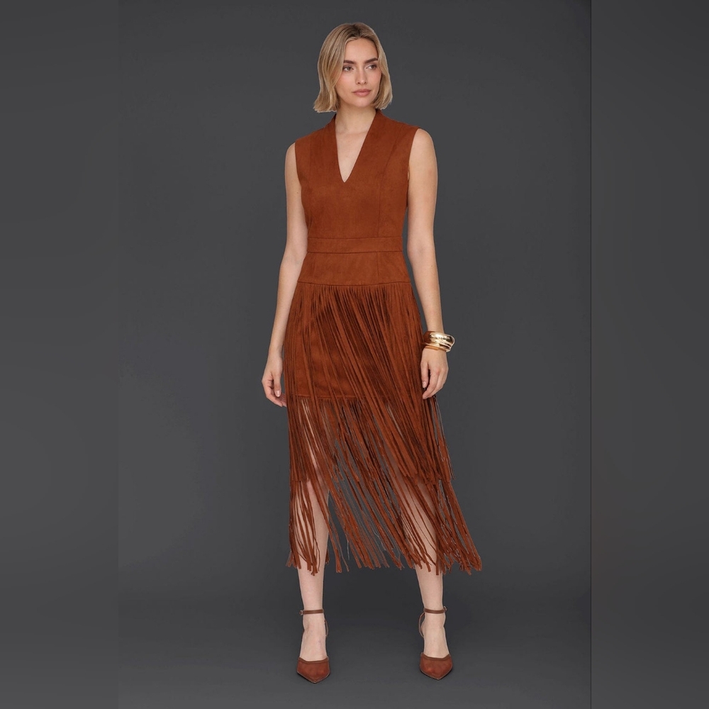 Avec Les Filles Rust Fringe Midi Dress